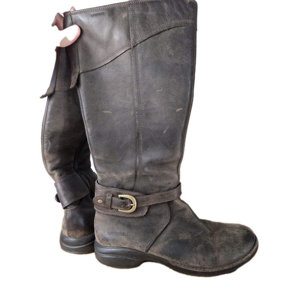 Merrell‎ Captiva Buckle Up Brown Leather Tall Waterproof Tall Boots Size 9.5